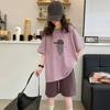 Summer Girls Cotton Alphabet Cartoon Print Loose T-Shirt Tops+Shorts Pant Sets School Kids 2PCS Tracksuit Children Outfit 5-16Yr