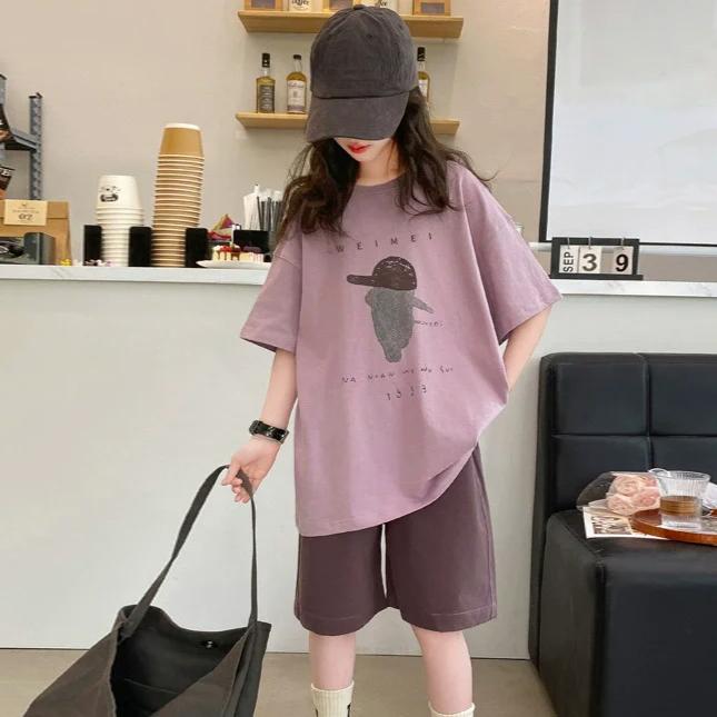 

Summer Girls Cotton Alphabet Cartoon Print Loose T-Shirt Tops+Shorts Pant Sets School Kids 2PCS Tracksuit Children Outfit 5-16Yr 120