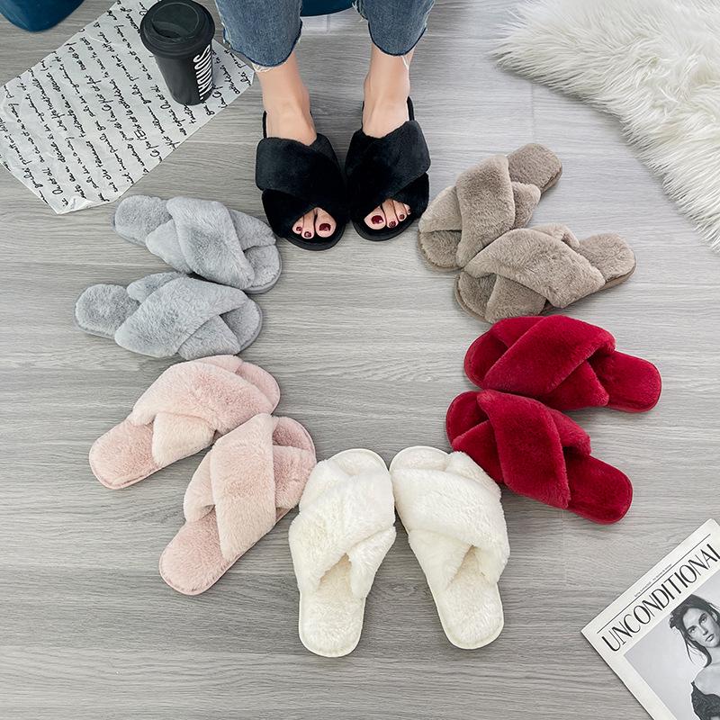 Women's Cozy Cross Fluffy Slippers for Autumn/Winter - Indoor Flat-Bottom Slippers for Home
