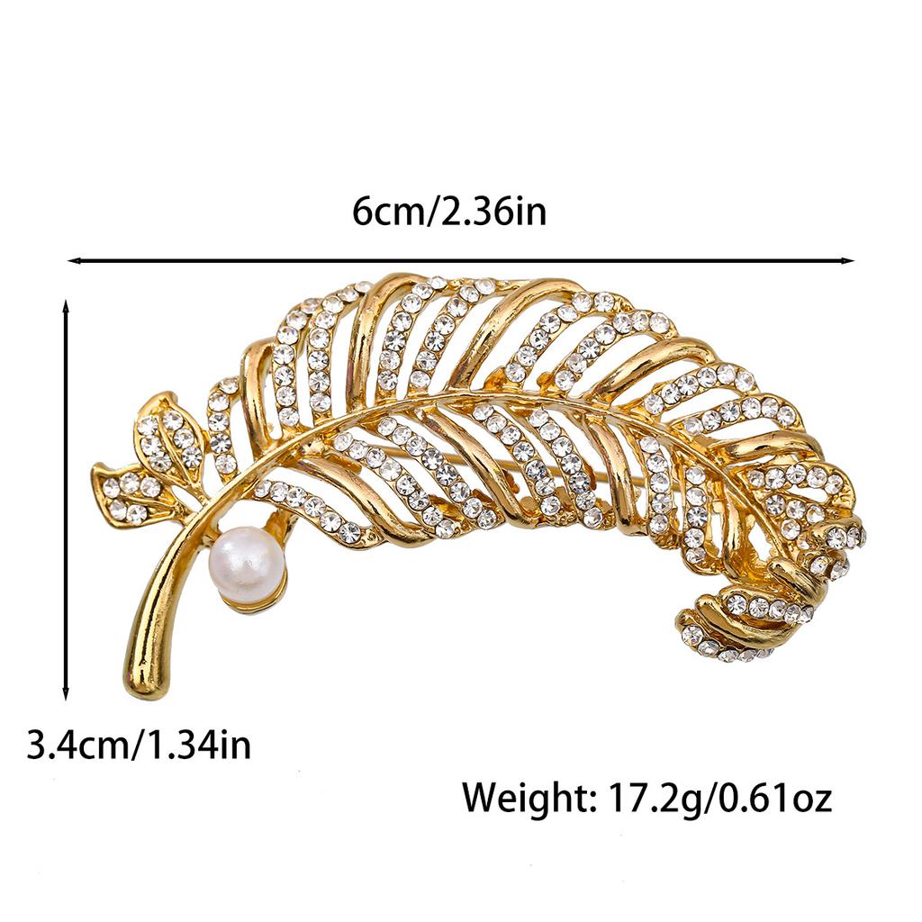 Diamond-encrusted Feather Brooch, Luxurious Pearl-encrusted Leaf Corsage Pin