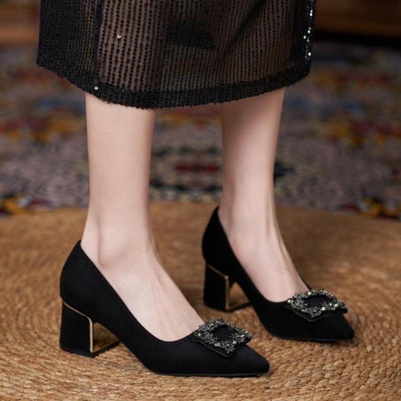 Fashion Heel Shoes for Women 2025 New Spring Autumn Pointed Toe pumps Bling Diamond Thick Heel Fashion Shallow Lady Shoes Women Heels