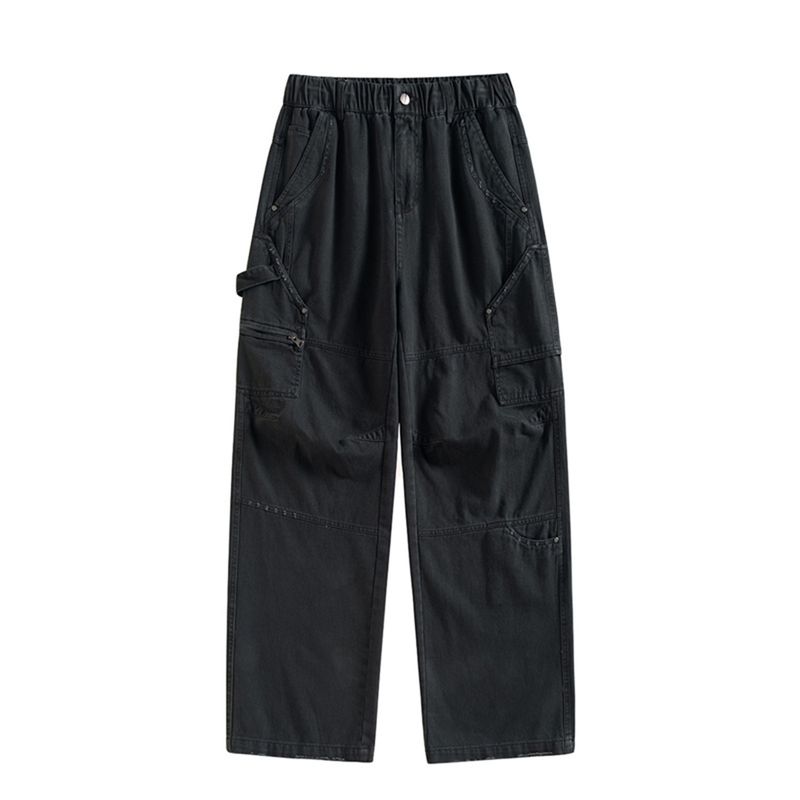 Original Export American Retro Heavy-Duty Work Pants for Men, Loose Wide-Leg Washed Multi-Pocket Elastic Waist Casual Pants