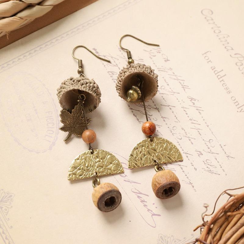 Retro natural plant earrings handmade creative niche acorn fruit long fringed design women's earrings