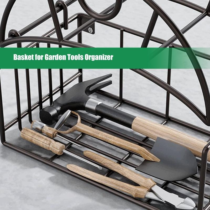 Hose Holder Wall Mount with Basket, Metal Hose Storage Rack for Fence Garden or Garage Wall, Simple Wall Storage Solution for Home Watering