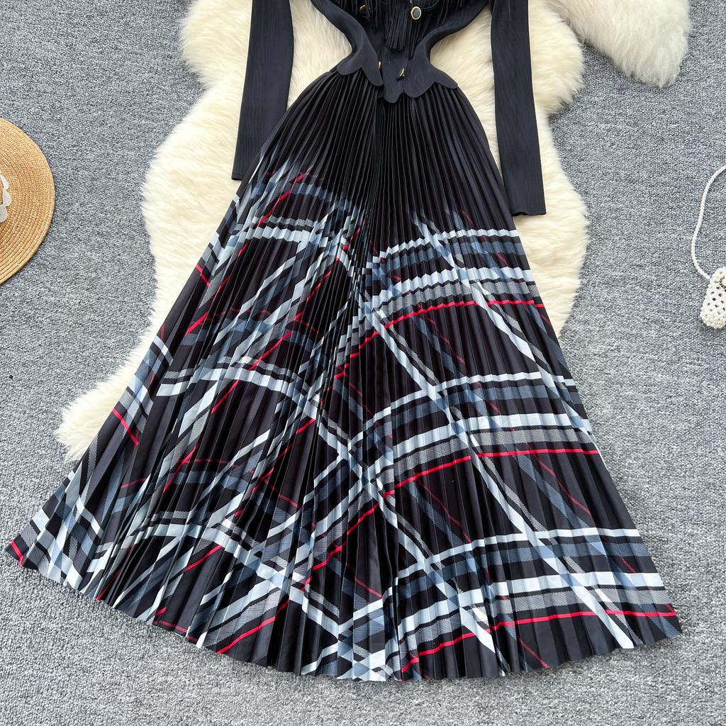 Spring Autumn Women Elegant Blazer Collar Double Breasted Print Office Party Long Maxi Pleated Dresses