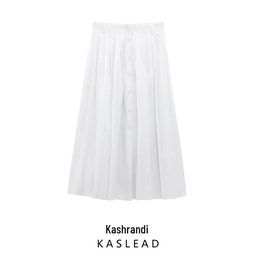 2025 Spring Women's European & American Style Pleated Midi Skirt with Strap Detail