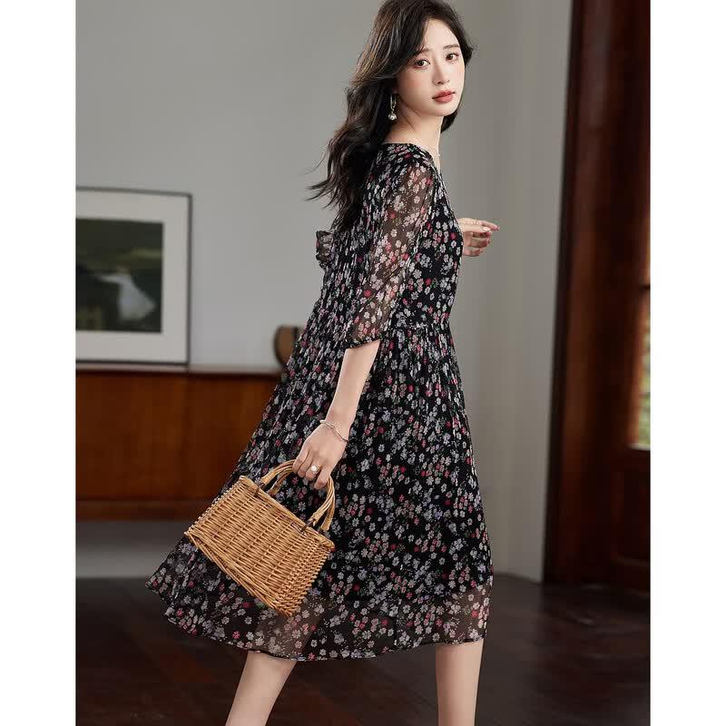 Demana 100% Mulberry Silk Ruched 3/4 Sleeve A-Line Dress