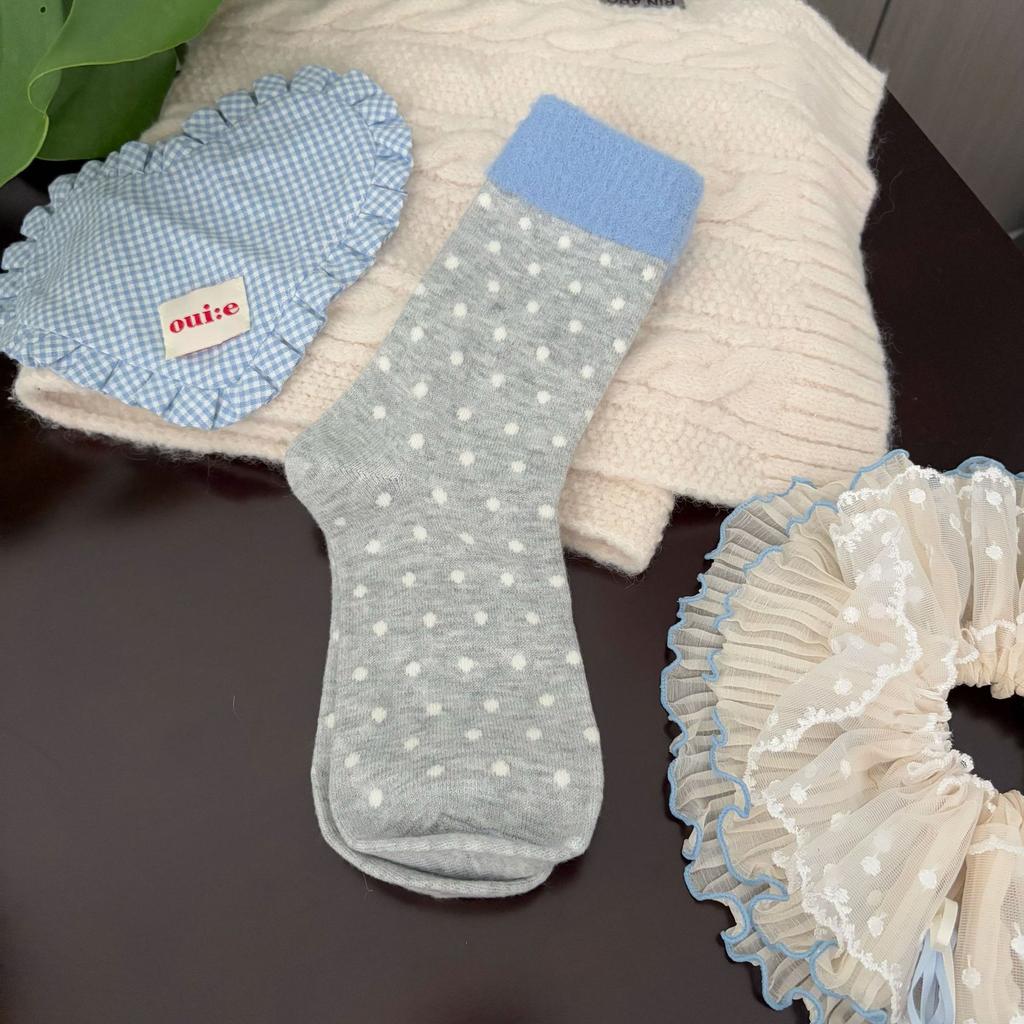 Ladies Autumn Winter Thick Warm Bow-dotted Wool Mid Tube Socks