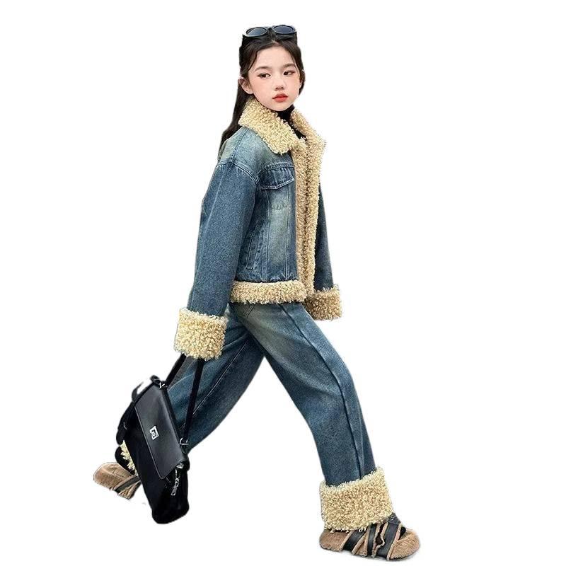 Girls' High-Quality Quilted Denim and Lamb Wool Winter Set - Fleece-Lined Jacket and Coat