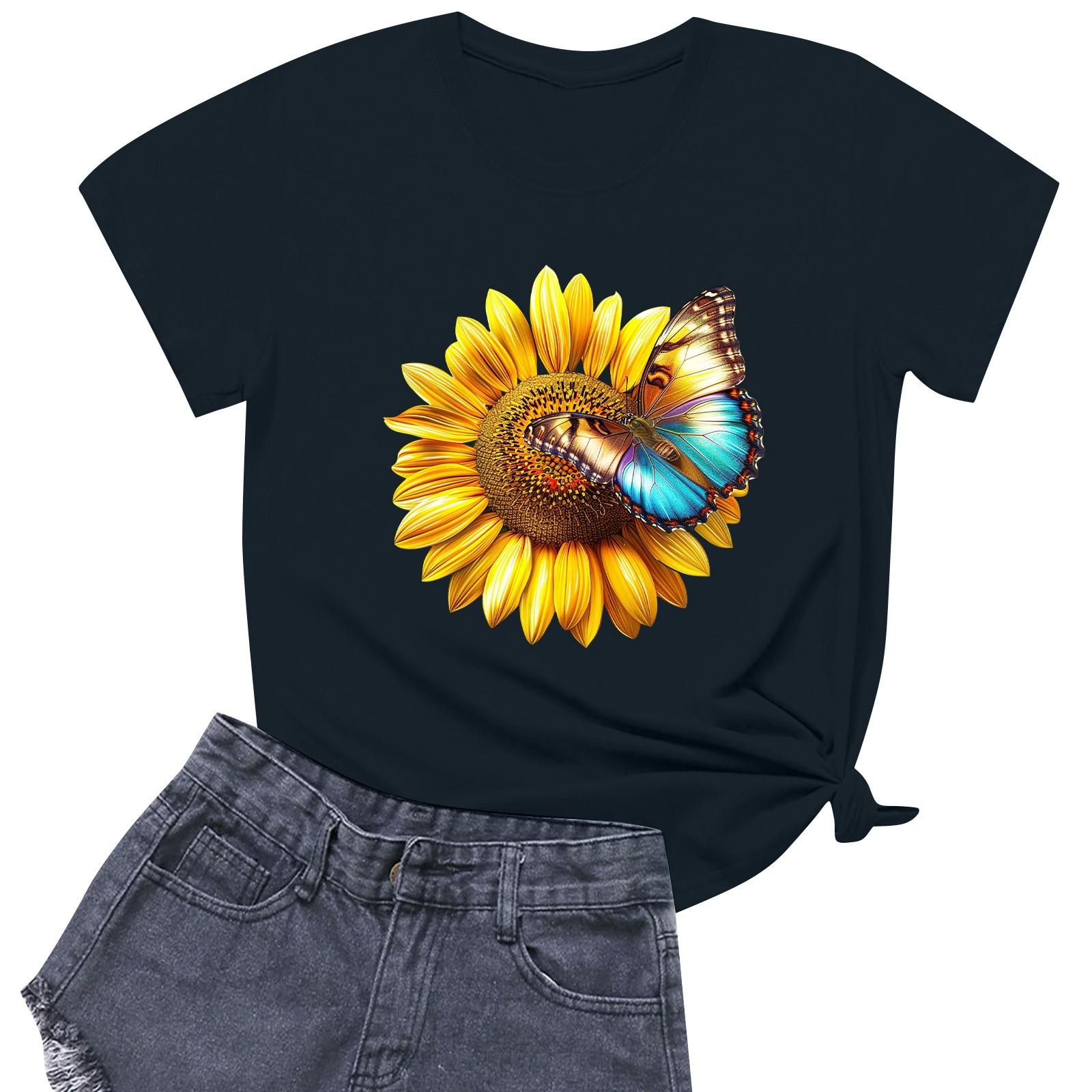 

Women s Fashion Printed Round Neck Short Sleeved Casual T-shirt Top S Темно-синій