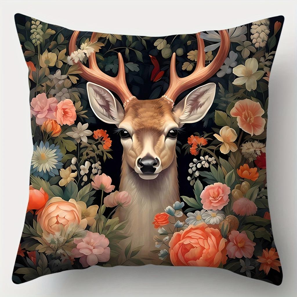 Federa Cuscino Decorazione Casa Stampa Cervo Sika Circondato da Fiori Camera da Letto Soggiorno Decorazione Divano Federa Cuscino in Poliestere con Cerniera