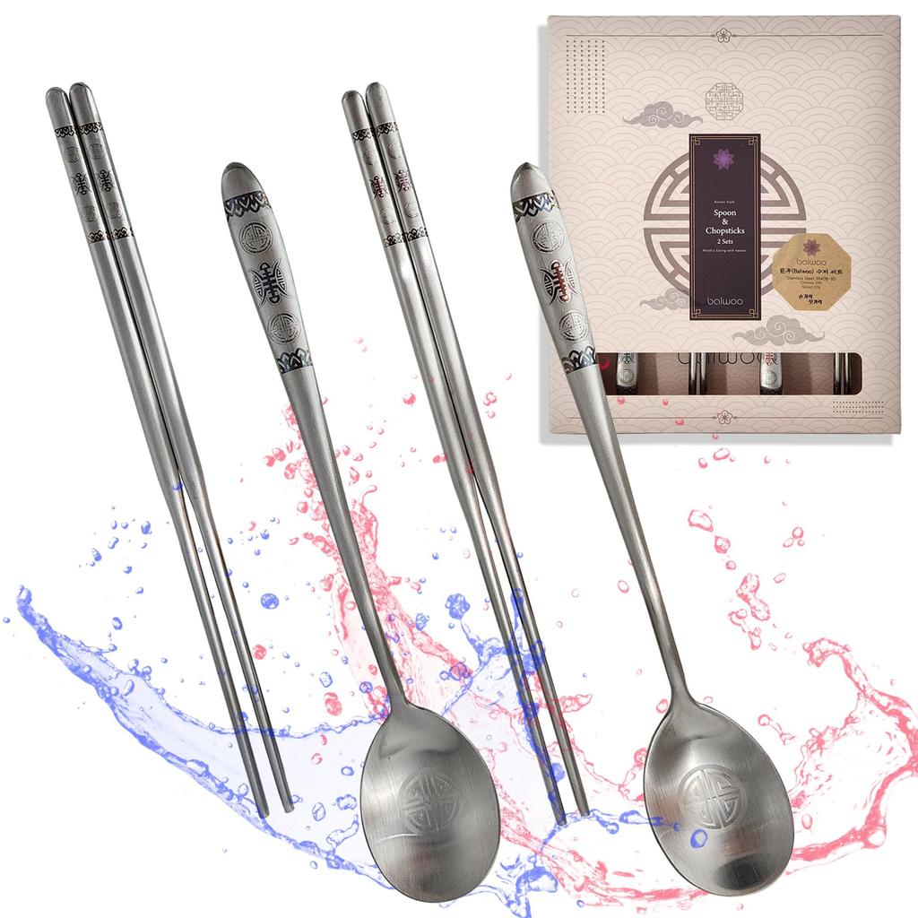 BALWOO Korean Style Vacuum Spoon Chopsticks Korean Joseon Dynasty Gyeongbokgung Color Dancheong Pattern Design SUS304 Stainless Steel Korean Spoon
