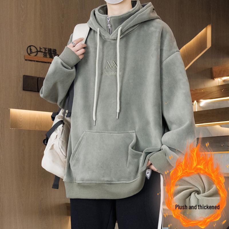 Men's 2025 Style Double-Sided Fleece Hoodie, Thickened Inner Layer, Solid Color, Trendy Winter Outerwear for Teens with Hood