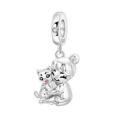 PANPOKI 925 Silver Cat Hug Animal Pet Beads Pendants Bracelet Charm Jewelry Party DIY Trendy Gifts