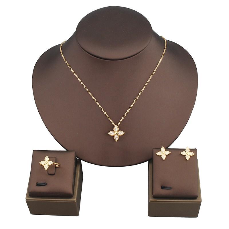 Boho Gold Plated Floral Jewelry Set With Zircon Crystals Lucky Clover Pendant Necklace Earrings Ring Women