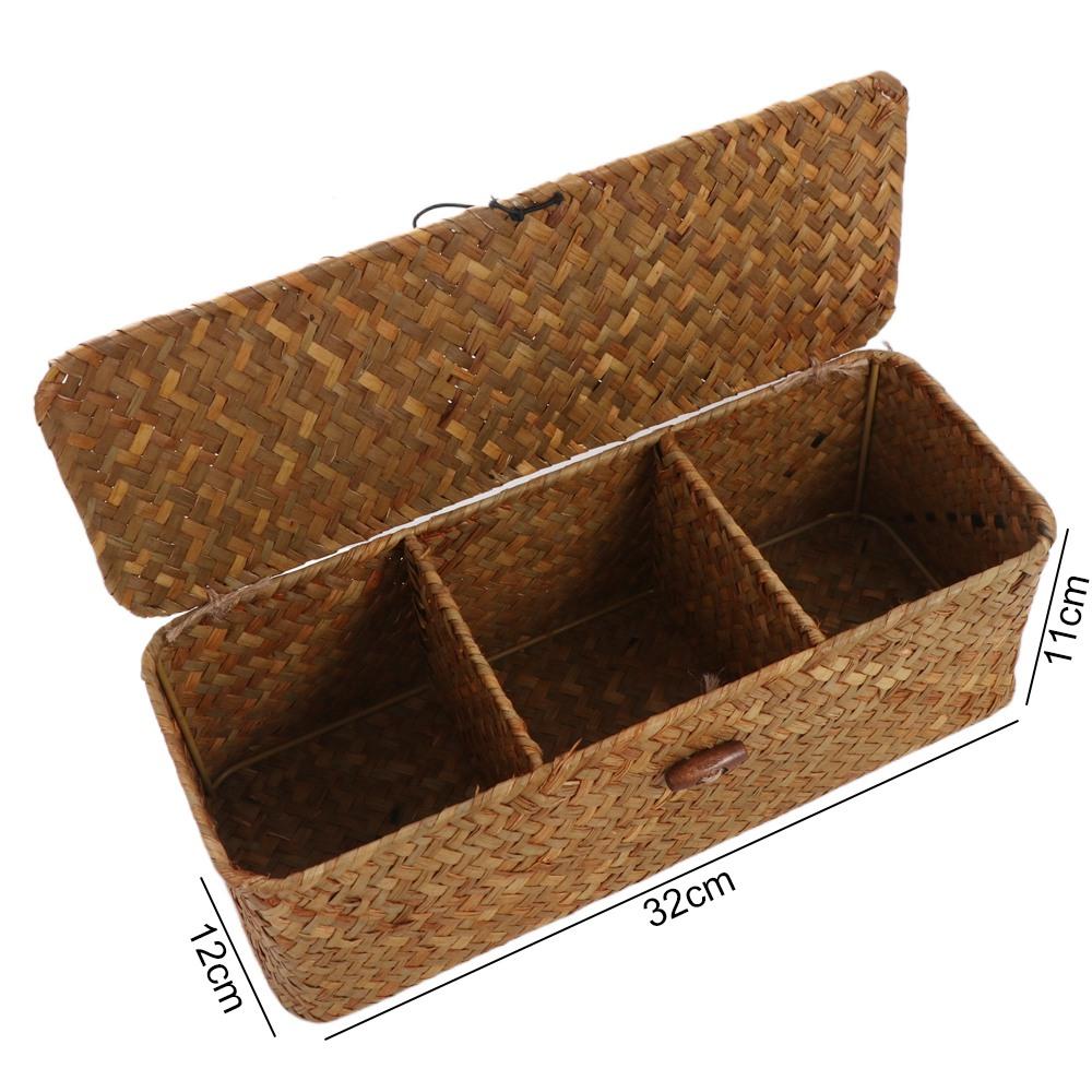 Rectangular 3 Grid Handwoven Storage Basket Handmade Rattan Divider Storage Box  Wardrobe