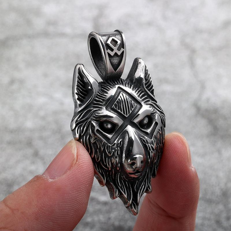 Nordic Retro Stainless Steel Men's Pendant Single-sided Viking Symbol Wolf Head Necklace