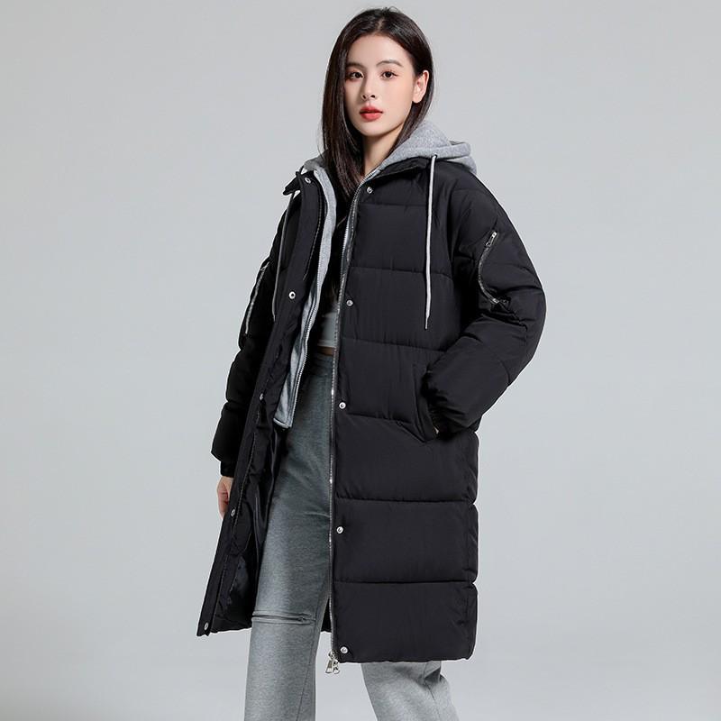 New Fake Two-piece Casual Cotton Clothes Women's Medium and Long Winter Solid Color Hooded Bread Clothes Cotton-padded Jacket
