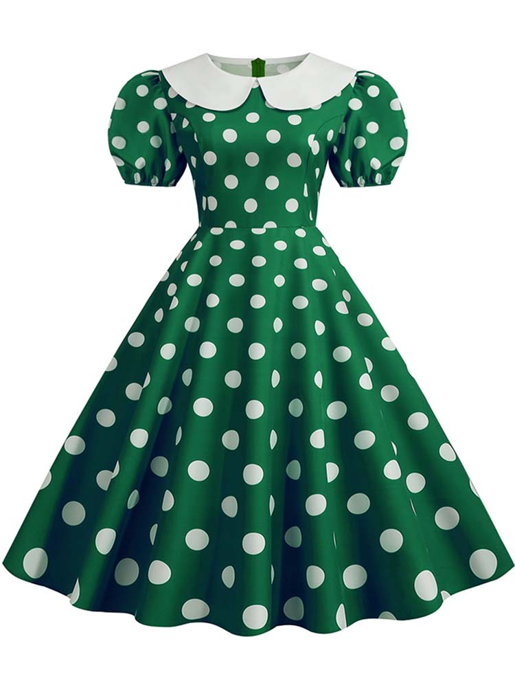Collar Elegant Women Summer Dress Short Sleeve Dot Vintage Dress A Line Midi Party Sundress