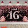 2D Black Pink Sweet 16 Backdrop 16th Birthday Party Decoration Banner for Photoshoot