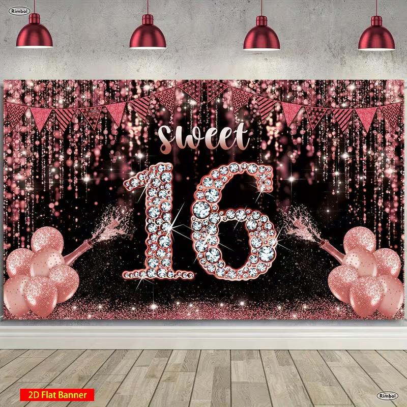 

2D Black Pink Sweet 16 Backdrop 16th Birthday Party Decoration Banner for Photoshoot 47.2x31.5inch/120*80cm