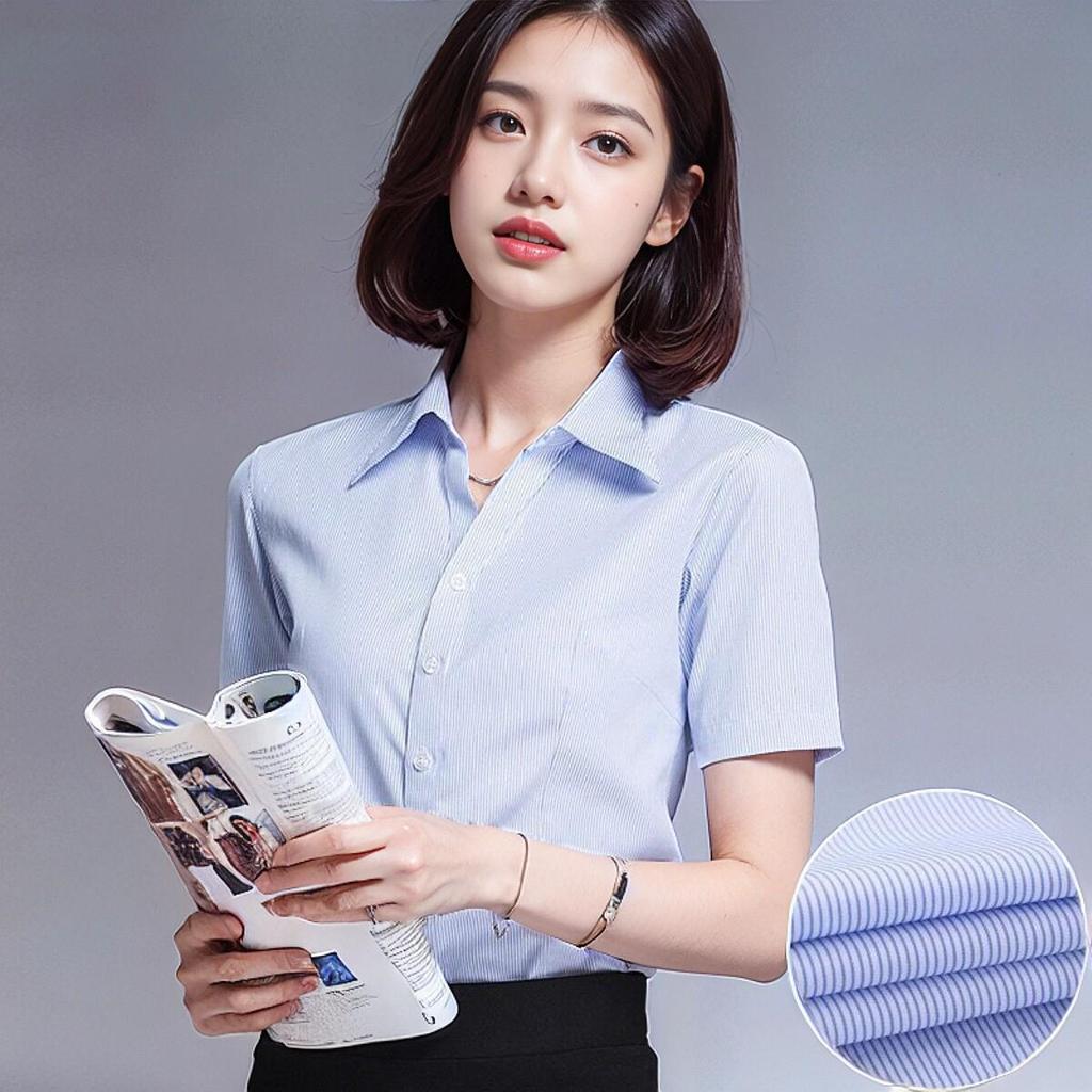 Women's Plus Size Blue Striped Formal Work Shirt - Hidden Button Design