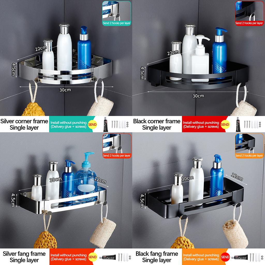 Bathroom Shower Corner Shelf with Two Hooks Stainless Steel, Wall Mount Shelves