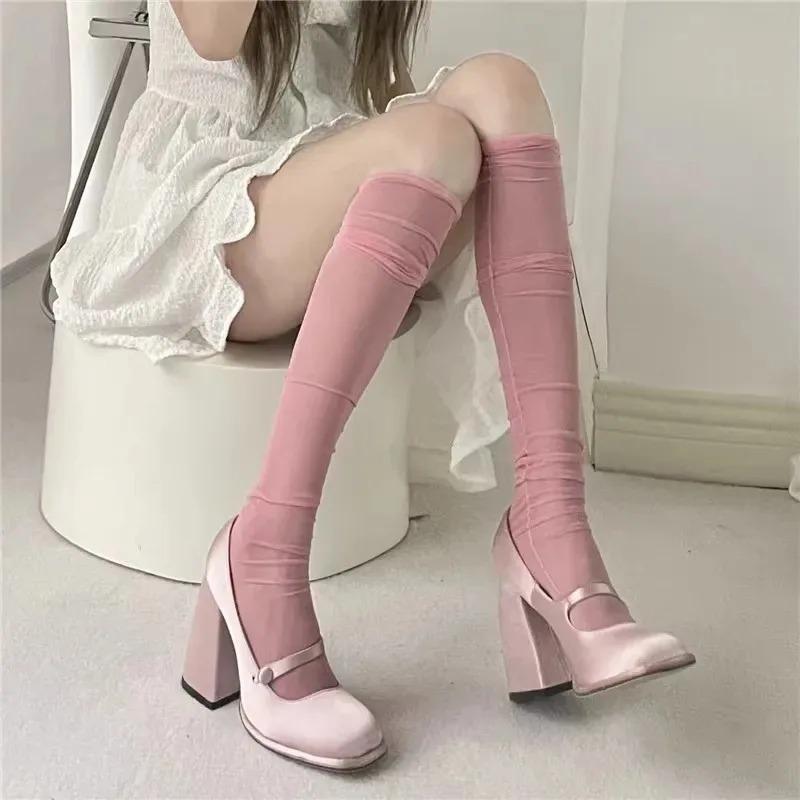 Summer Thin Breathable Mesh Knee Long Socks Mesh Stockings JK Lolita School Girls Solid Color Long Socks Women Stockings