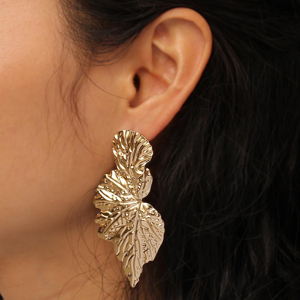Earrings Metal Leaf With Gold Coating And Bold Design For Gift And Wedding