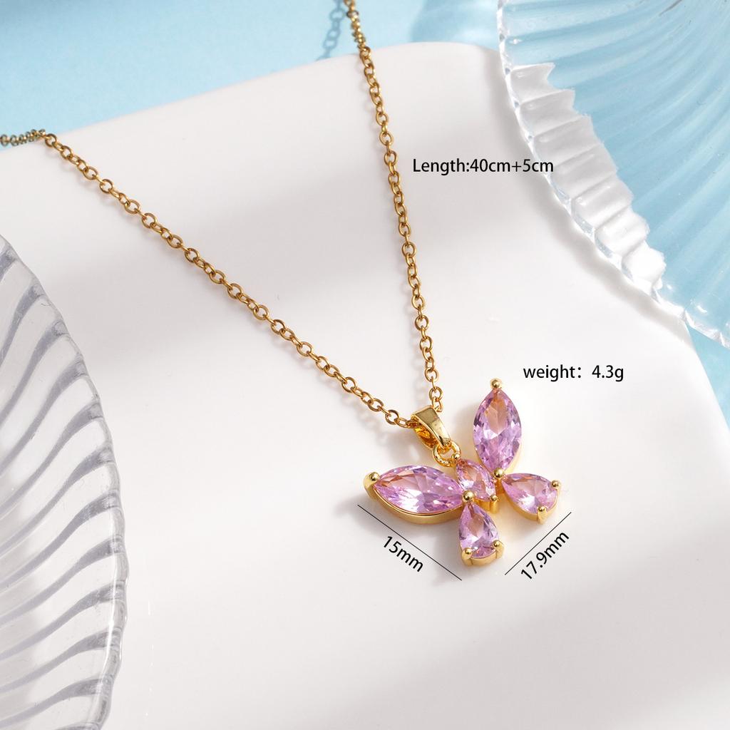 Sweet Colorful Zircon Butterfly Pendant Necklace Cute Stainless Steel Chain Jewelry Gifts for Women Teen Girls