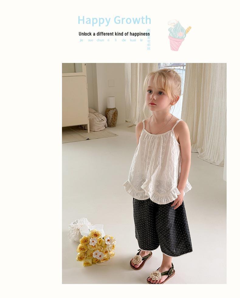 New Girls' Plaid & Polka Dot Three-Quarter Wide-Leg Pants (S/M/L) - Black