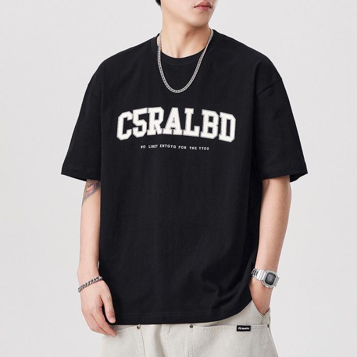 Short-sleeved Men s Summer New Ins Letter Casual Top Heavy Cotton T-shirt M