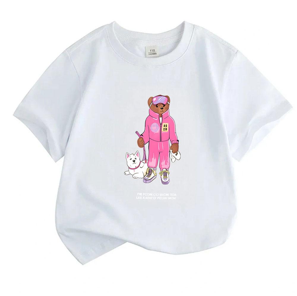 Kids Unisex 100% Cotton Crew Neck Short Sleeve T-Shirt, Cute Cartoon Bear in Pink Tracksuit with Pet Dog Print Casual Soft Tee for Boys Girls Daily We