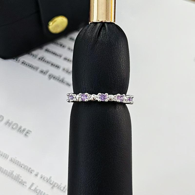 Small Fine Circle Pink Diamond Purple Diamond Zir*****Pen Ring Women'S High Sense Light Luxury Cold Wind Ring Tide
