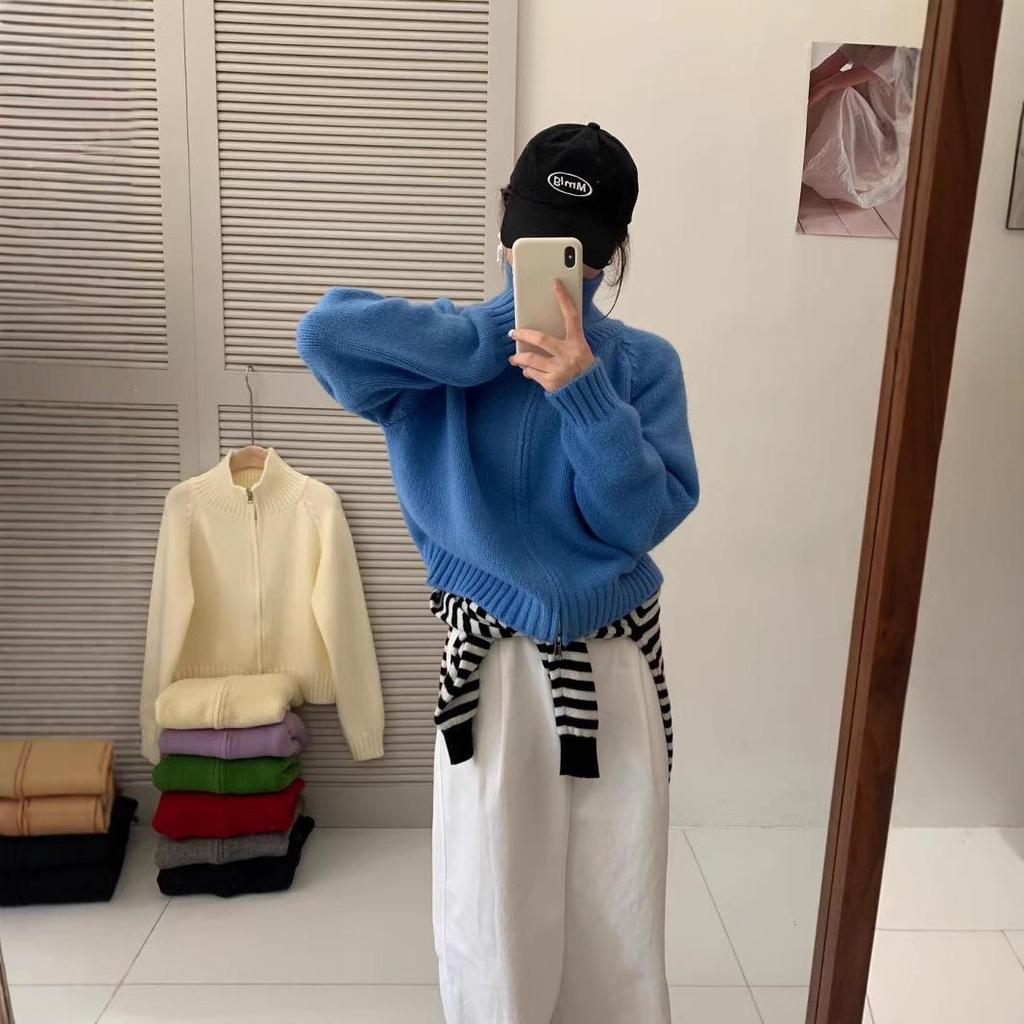 Women's Korean Style Stand Collar Double Zipper Knit Cardigan