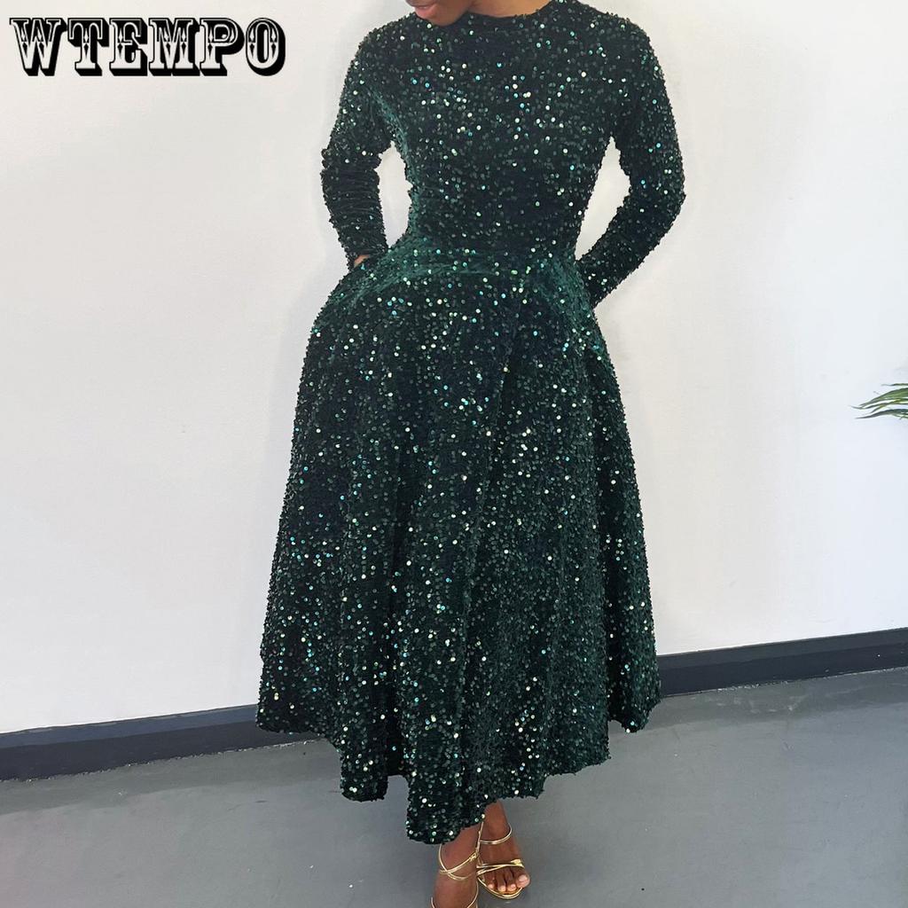 Sukienki damskie z okrągłym dekoltem, długim rękawem, jednolitym kolorem, cekinami, wysokim stanem, o średniej długości
