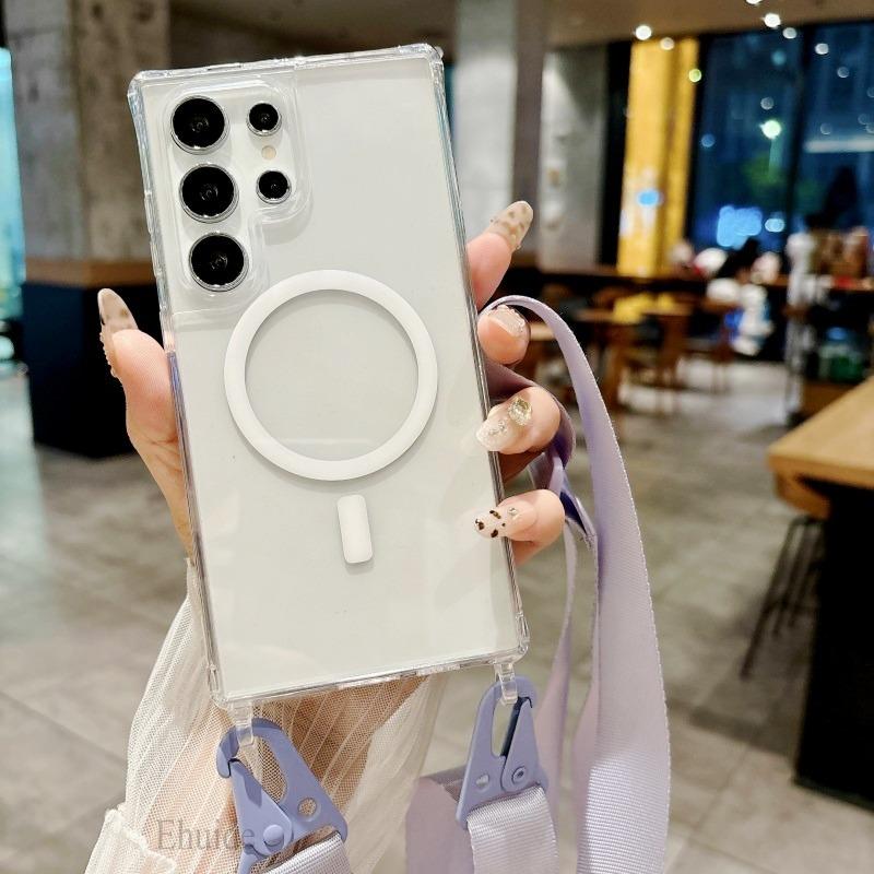 Lanyard Magnetic Case For Samsung Galaxy S25 Plus S23 S24 Ultra Magsafe Crossbody Strap Wireless Charging Acrylic Clear Cover