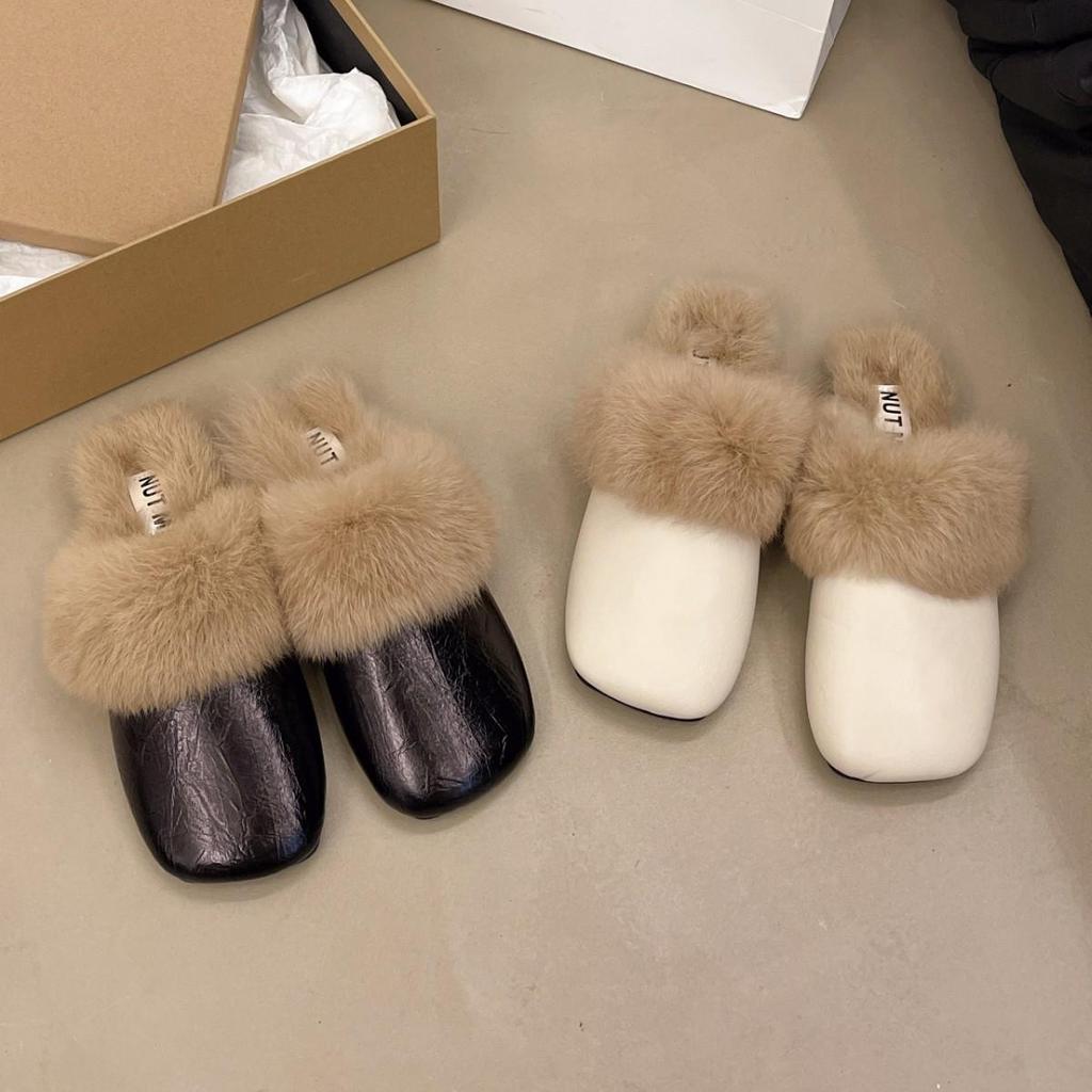 Women's 2024 Autumn French Toe Fuzzy Plush Warm Fashionable Mules Slippers