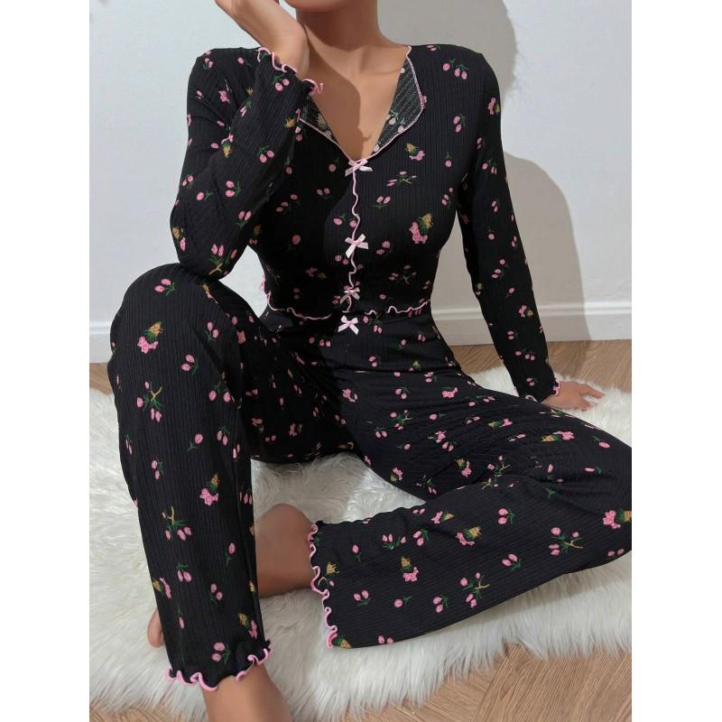 Womens Floral Print Pajama Set Long Sleeve Top Pants Comfortable Lounge Wear Home Hotel Outdoor