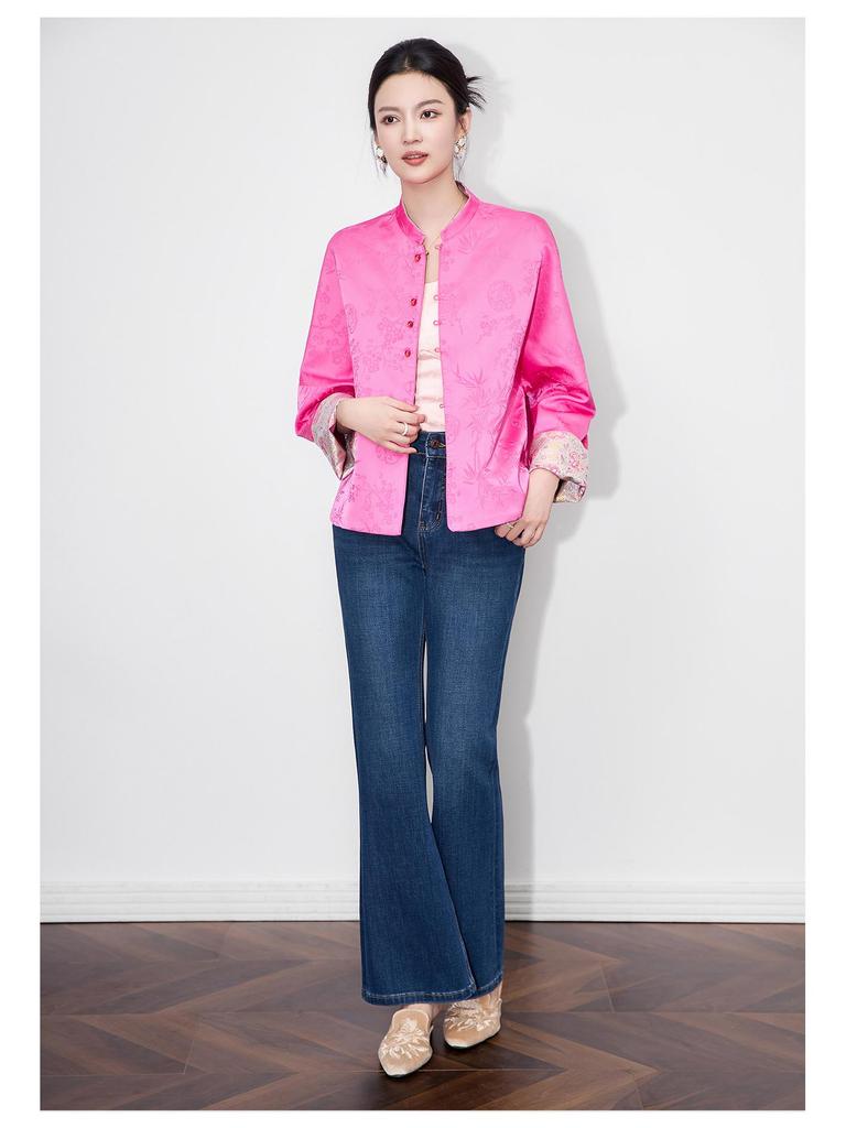 Women's Autumn Reversible Jacquard Jacket - New Chinese Style with Auspicious Dragon & Fortune Fish Design