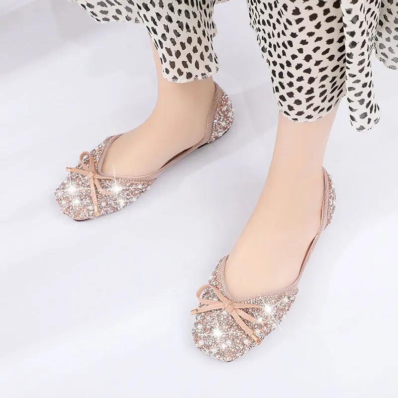 Fashion Pink with Crystals Diamond Ladies Footwear Green Rhinestone Women's Flat Shoes Bow Korean Style Y2k Vintage Fashion Cheap A Line