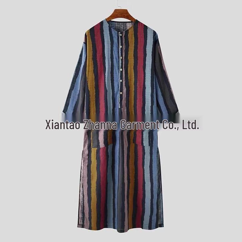 Men's Striped Muslim Long Robe Jumpsuit Tang Suit with Stand-up Collar
