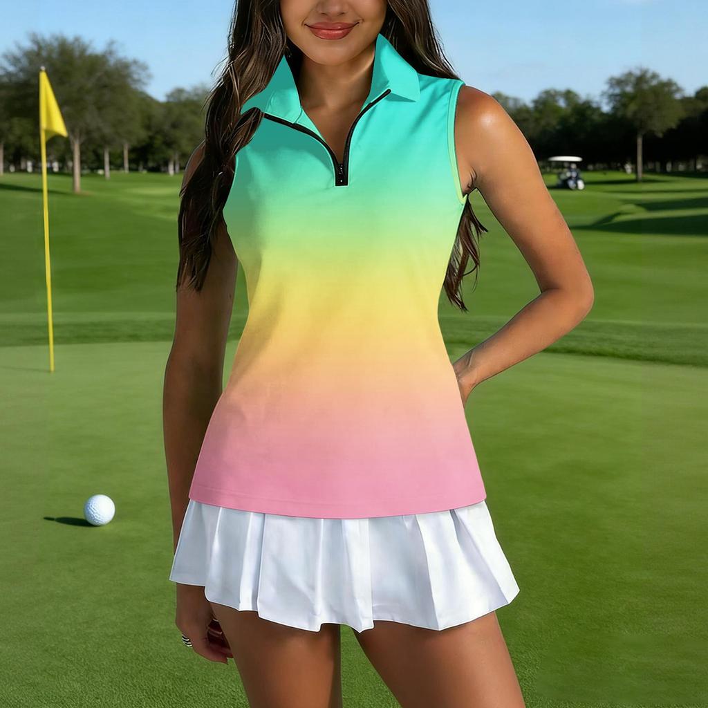 Camiseta Polo de Golf sin Mangas para Mujer Cremallera Delantera Cuello Alto Camiseta sin Mangas Deportiva Chaleco Atlético Estampado para Actividades al Aire Libre