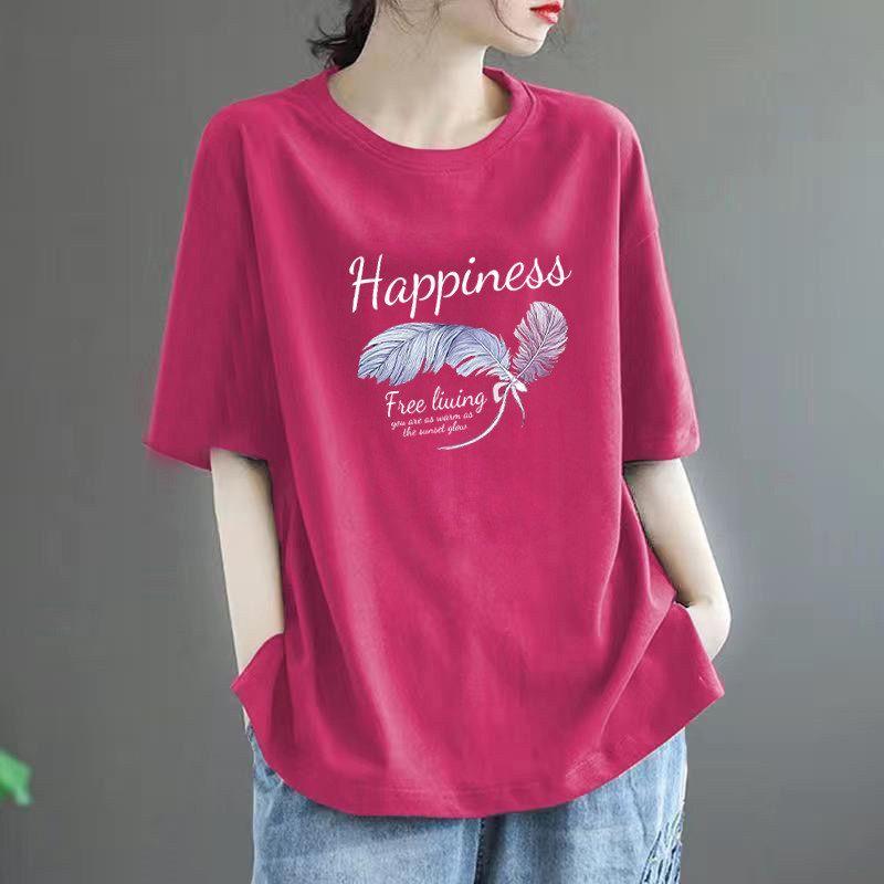

Simple Women s Short-Sleeve T-Shirt Plus Size 2026 for Plus-Size Women, Summer Slimming New Style Loose Top 150kg That Hides the Belly Rose Red M(Suggestion 40kg-47.5kg)