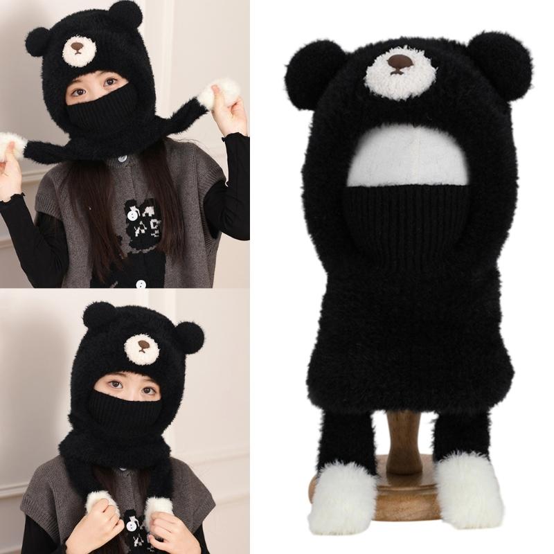 Children Face Cover Brimless Hat Neck Warmer With Cartoon Bear Design Pullover Earflap Hat For Toddler Skiing Hiking