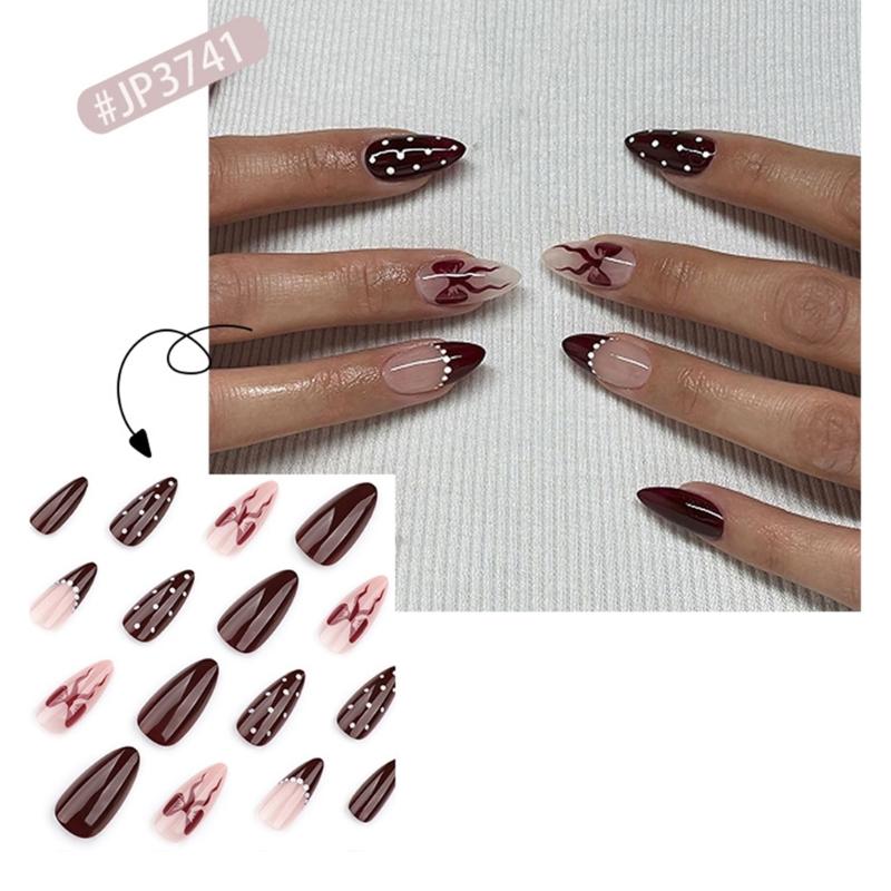 Almond Press On Nail Fake Nail Glossy Acrylic Artificial Nail Stick On Nail for Womens 24Pcs 12Sizes Glues On Nail