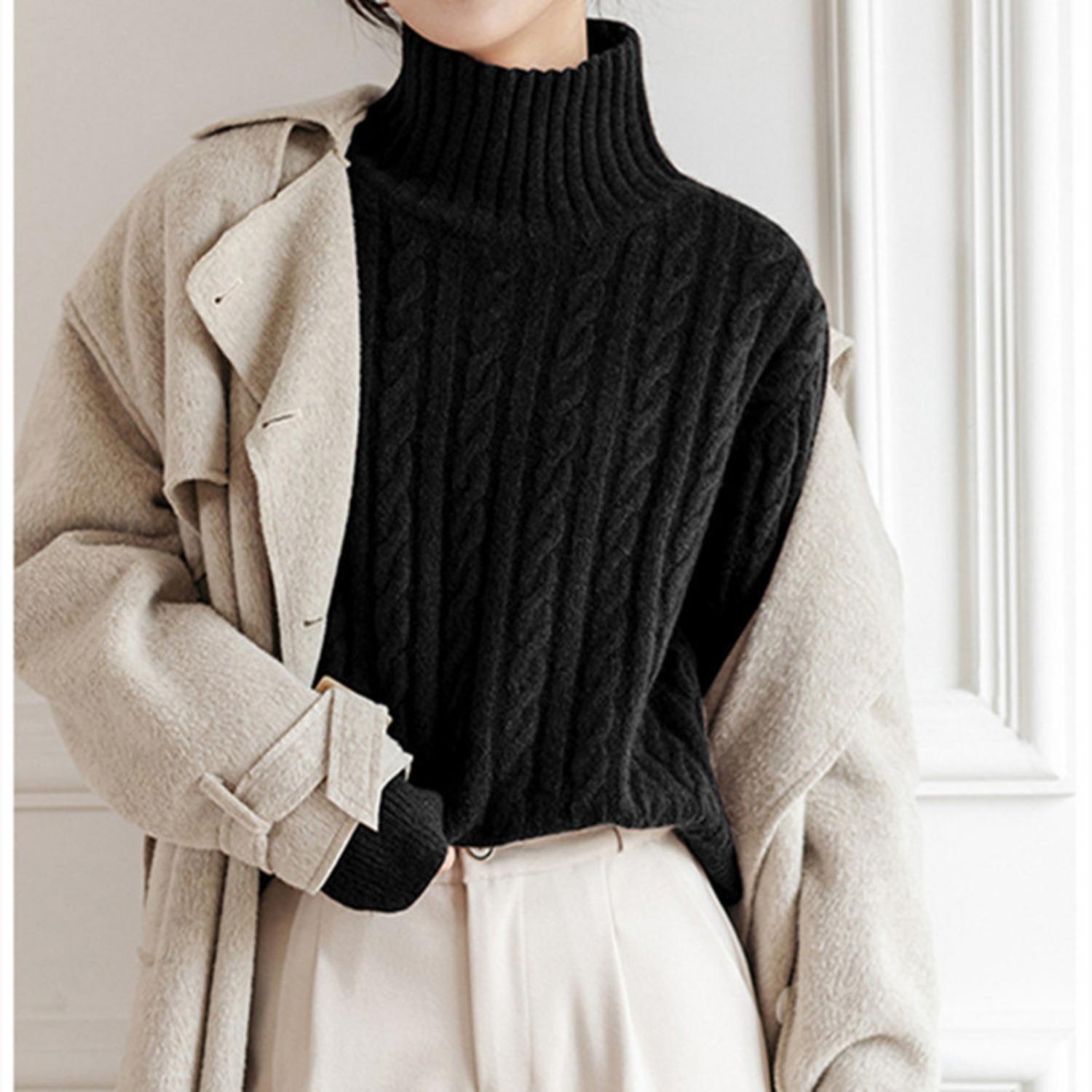 

Solid Cable Twist Turtleneck Sweater, Casual Long Sleeve Pullover Sweater, Women s Clothing 3XL чорний
