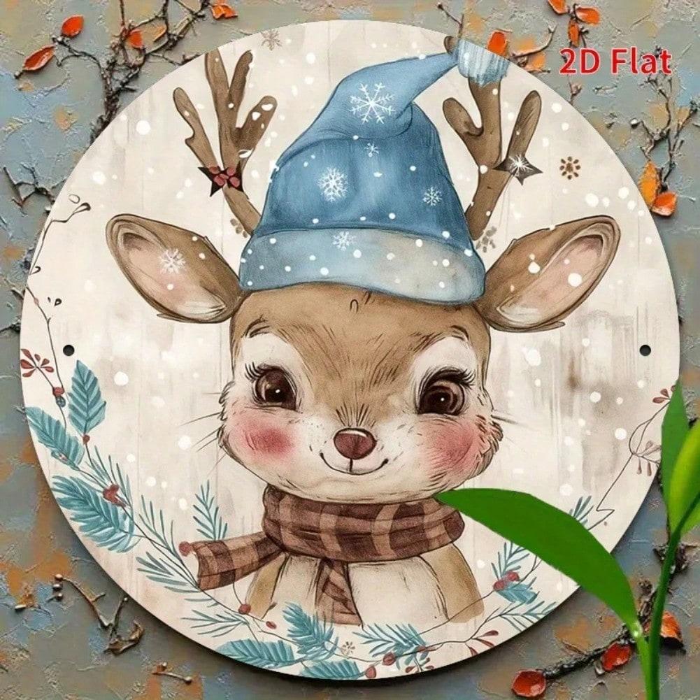 Deer Theme Round Holiday Metal Sign Blue Hat Decorative Wall Art 20x20