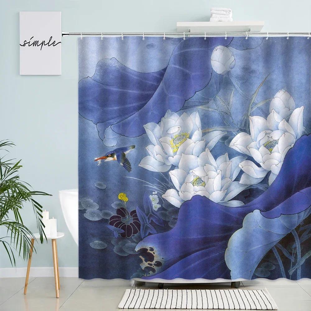 Chinese Ink Landscape Shower Curtain Japanese Cherry Blossom Watercolor Mountain Natural Scenery Waterproof Cloth Bathroom Decor
