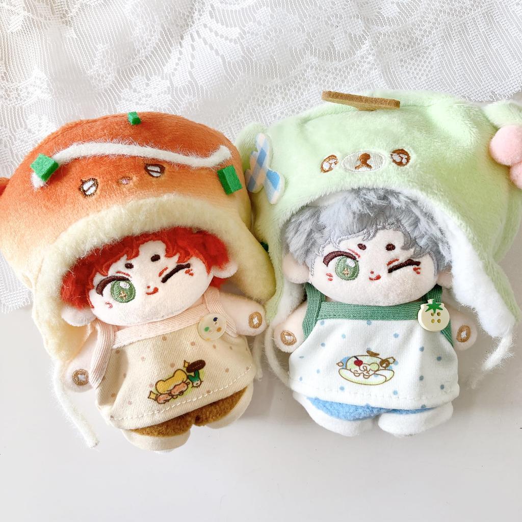 Melon costume (kigurumi cap, top & pants set) for 10cm plushies. Kigurumi accessory for idolfan activities, dollmascot, K-pop dollcostume. [Used]